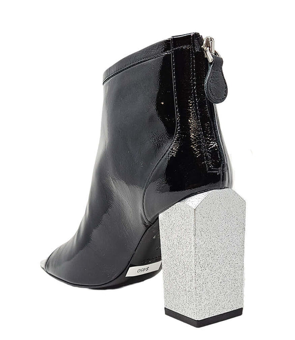 "High-heeled open-toe ankle boot handcrafted in Italy from 100% genuine leather, featuring a square toe design and a sturdy block heel for enhanced comfort and style. Ideal for both formal and statement wear.