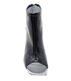 "High-heeled open-toe ankle boot handcrafted in Italy from 100% genuine leather, featuring a square toe design and a sturdy block heel for enhanced comfort and style. Ideal for both formal and statement wear.