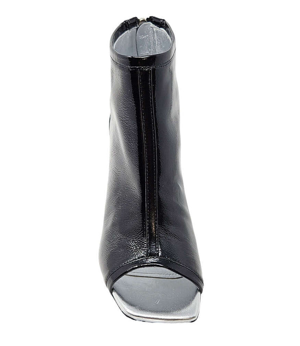 "High-heeled open-toe ankle boot handcrafted in Italy from 100% genuine leather, featuring a square toe design and a sturdy block heel for enhanced comfort and style. Ideal for both formal and statement wear.