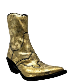 Mid-calf western-style boot featuring a distressed gold metallic finish, pointed toe, angled block heel, and contrast stitching. Designed with decorative panel overlays and a side zipper closure - front side view