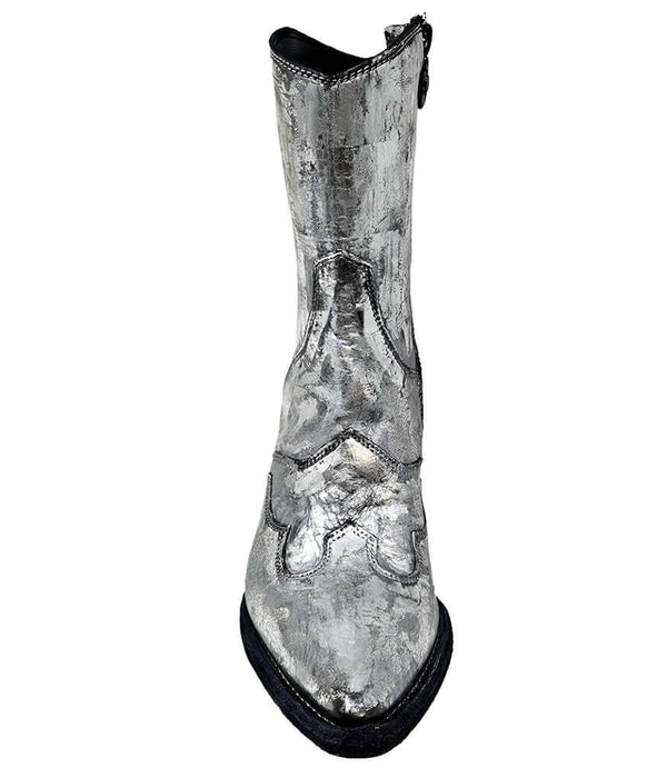 Mid-calf western-style boot featuring a distressed silver metallic finish, pointed toe, angled block heel, and contrast stitching. Designed with decorative panel overlays and a side zipper closure - front view