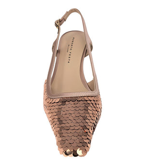 Handcrafted slingback shoe with sequin embellishments, low heel, and pointed toe design. Features an adjustable ankle strap and a textured surface for added visual interest