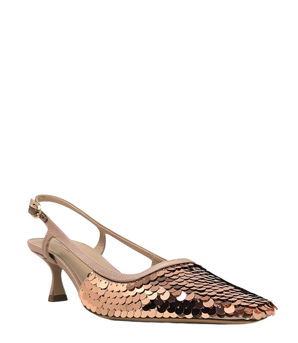Handcrafted slingback shoe with sequin embellishments, low heel, and pointed toe design. Features an adjustable ankle strap and a textured surface for added visual interest
