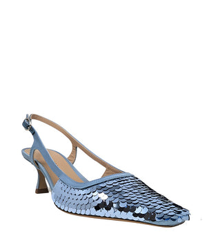 Handcrafted slingback shoe with sequin embellishments, low heel, and pointed toe design. Features an adjustable ankle strap and a textured surface for added visual interest