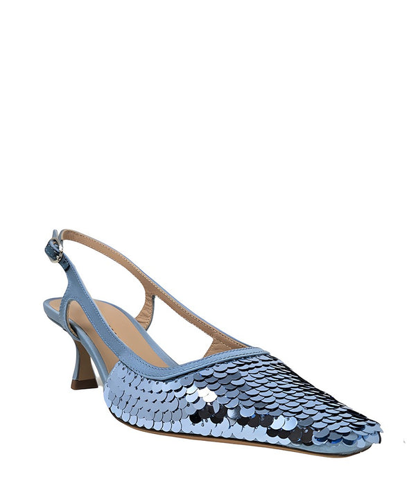 Handcrafted slingback shoe with sequin embellishments, low heel, and pointed toe design. Features an adjustable ankle strap and a textured surface for added visual interest