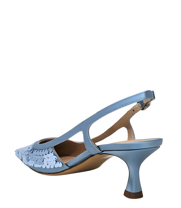 Handcrafted slingback shoe with sequin embellishments, low heel, and pointed toe design. Features an adjustable ankle strap and a textured surface for added visual interest