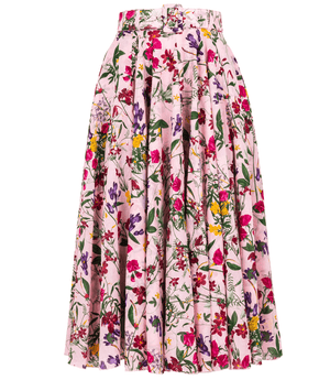A knee-length dress with a collared neckline, three-quarter sleeves, and a flared skirt. Features a bold allover abstract pattern and fitted waist.