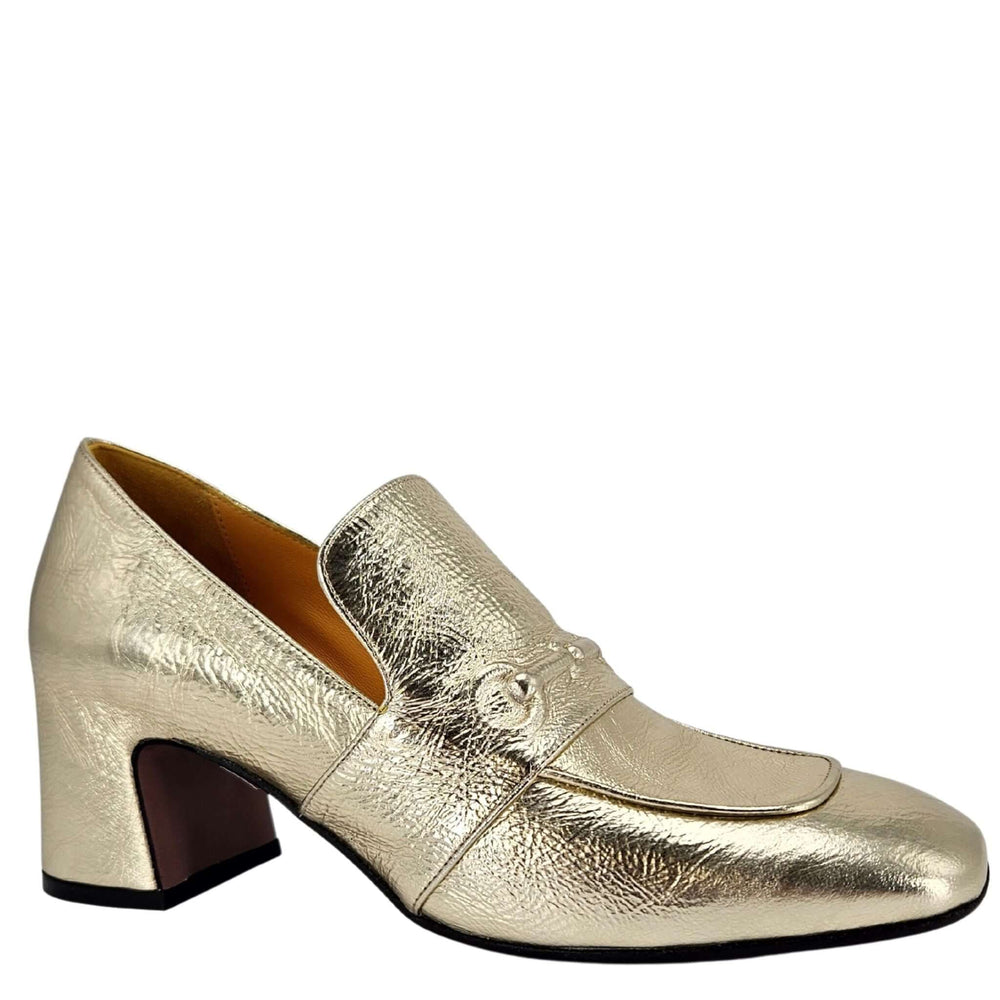 Gold metallic leather loafer with hidden bit detail and block heel, slip-on