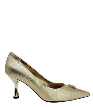 Pointed-toe stiletto pump with a sleek, glossy finish, mid-height heel, and gold lock embellishment at the toe. Features a sculpted silhouette and cushioned interior.