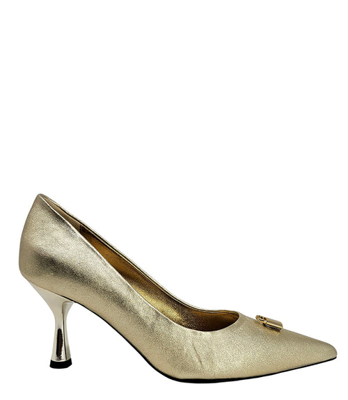 Pointed-toe stiletto pump with a sleek, glossy finish, mid-height heel, and gold lock embellishment at the toe. Features a sculpted silhouette and cushioned interior.