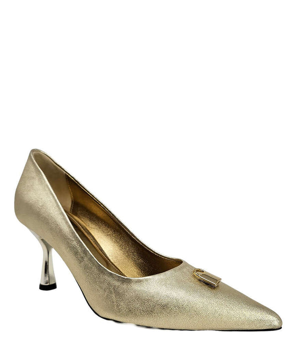 Pointed-toe stiletto pump with a sleek, glossy finish, mid-height heel, and gold lock embellishment at the toe. Features a sculpted silhouette and cushioned interior.