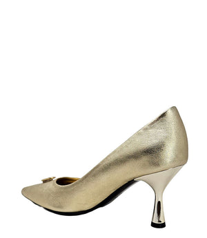 Pointed-toe stiletto pump with a sleek, glossy finish, mid-height heel, and gold lock embellishment at the toe. Features a sculpted silhouette and cushioned interior.