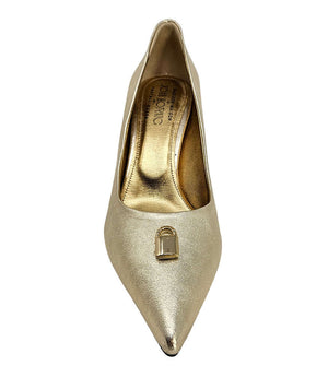 Pointed-toe stiletto pump with a sleek, glossy finish, mid-height heel, and gold lock embellishment at the toe. Features a sculpted silhouette and cushioned interior.
