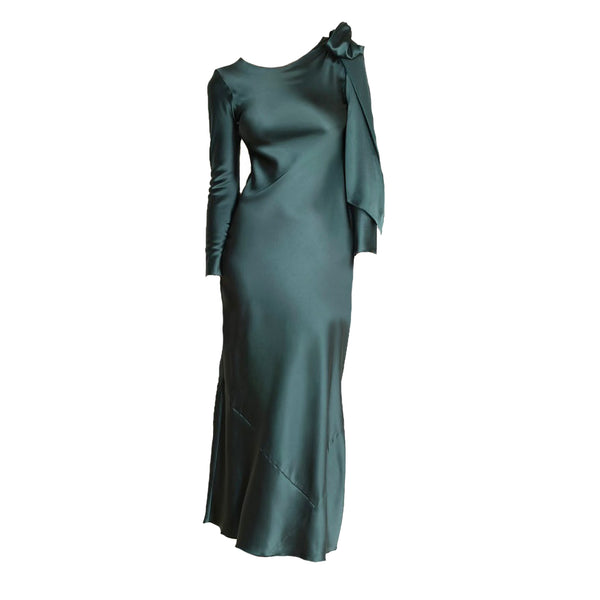 Teal evening gown with a bow detail on a white background
