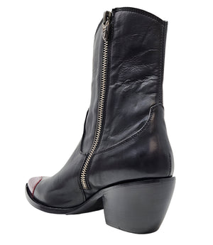 Mid-calf leather boot with block heel, side zipper, and contrasting heart-shaped toe cap. Features a structured silhouette with a pointed toe and minimal seam lines.