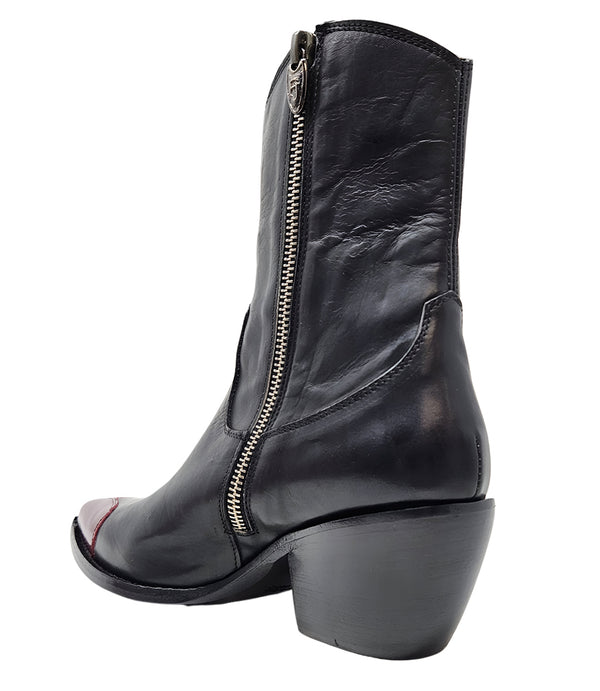Mid-calf leather boot with block heel, side zipper, and contrasting heart-shaped toe cap. Features a structured silhouette with a pointed toe and minimal seam lines.