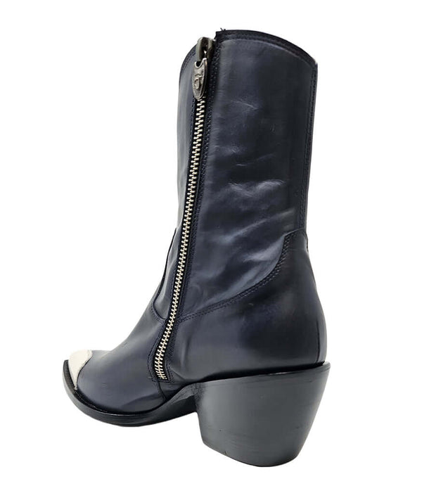 Mid-calf leather boot with block heel, side zipper, and contrasting heart-shaped toe cap. Features a structured silhouette with a pointed toe and minimal seam lines.