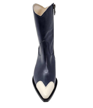 Mid-calf leather boot with block heel, side zipper, and contrasting heart-shaped toe cap. Features a structured silhouette with a pointed toe and minimal seam lines.