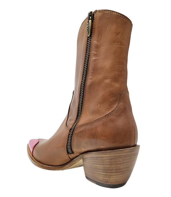 Mid-calf leather boot with block heel, side zipper, and contrasting heart-shaped toe cap. Features a structured silhouette with a pointed toe and minimal seam lines.