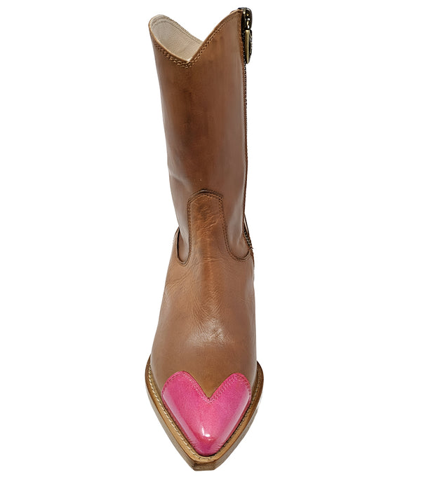 Mid-calf leather boot with block heel, side zipper, and contrasting heart-shaped toe cap. Features a structured silhouette with a pointed toe and minimal seam lines.