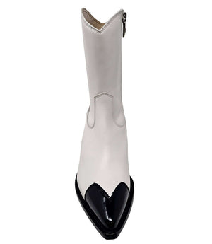 Mid-calf leather boot with block heel, side zipper, and contrasting heart-shaped toe cap. Features a structured silhouette with a pointed toe and minimal seam lines.