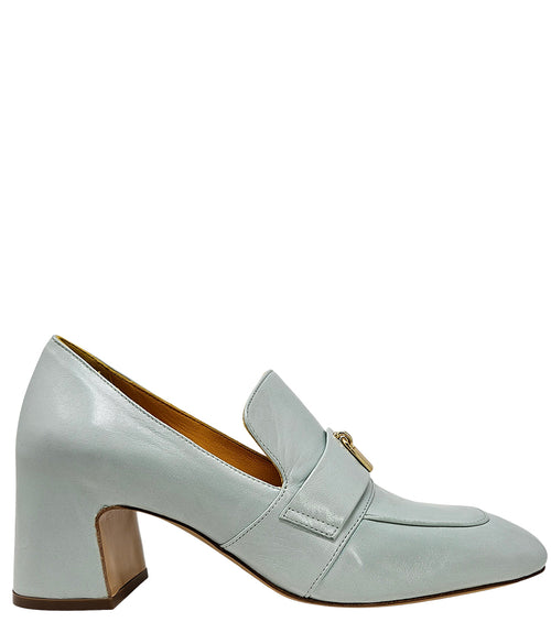 A leather loafer with a block heel, square toe, and a small metal lock detail centered on the upper strap. Designed by Madison in Beverly Hills and handcrafted in Italy.