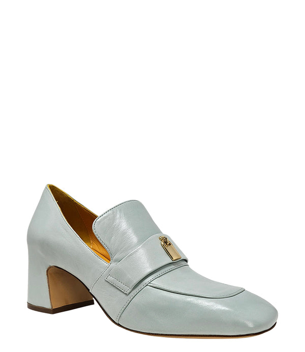 A leather loafer with a block heel, square toe, and a small metal lock detail centered on the upper strap. Designed by Madison in Beverly Hills and handcrafted in Italy.