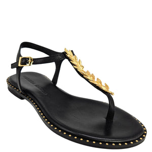 Black sandal with gold accents on a white background