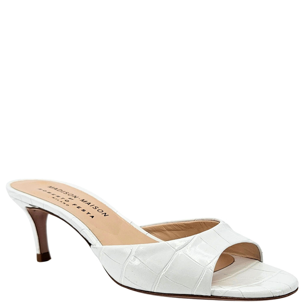 White croc-embossed heeled slide mule with open toe and sculpted heel