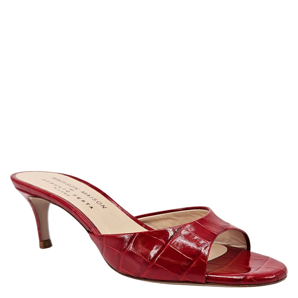 Red croc-texture heeled slide sandal, open toe, slim heel