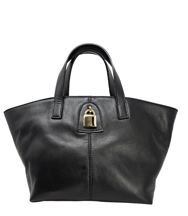 "A light grey leather tote bag with short handles and a structured silhouette, featuring a central vertical seam and a small gold padlock accent beneath the handle. Designed by Madison in Beverly Hills and handmade in Italy.