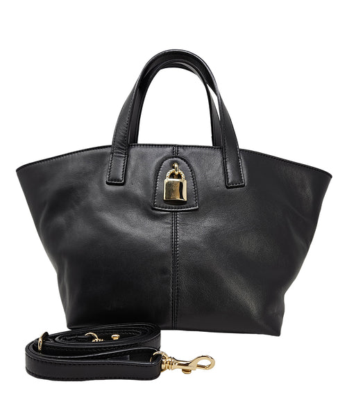 "A light grey leather tote bag with short handles and a structured silhouette, featuring a central vertical seam and a small gold padlock accent beneath the handle. Designed by Madison in Beverly Hills and handmade in Italy.