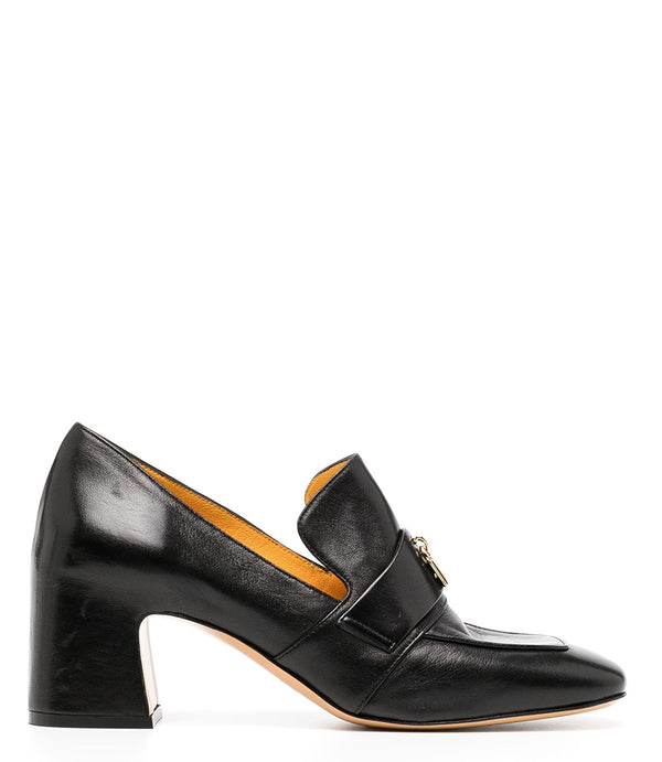 A leather loafer with a block heel, square toe, and a small metal lock detail centered on the upper strap. Designed by Madison in Beverly Hills and handcrafted in Italy.