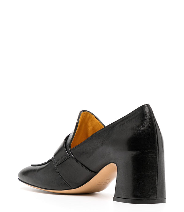 A leather loafer with a block heel, square toe, and a small metal lock detail centered on the upper strap. Designed by Madison in Beverly Hills and handcrafted in Italy.