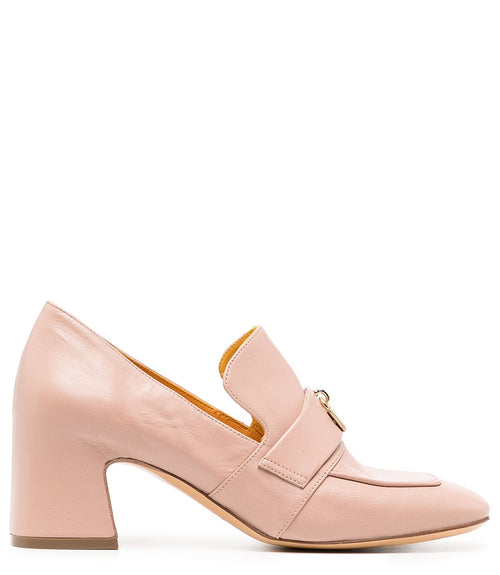 A leather loafer with a block heel, square toe, and a small metal lock detail centered on the upper strap. Designed by Madison in Beverly Hills and handcrafted in Italy.