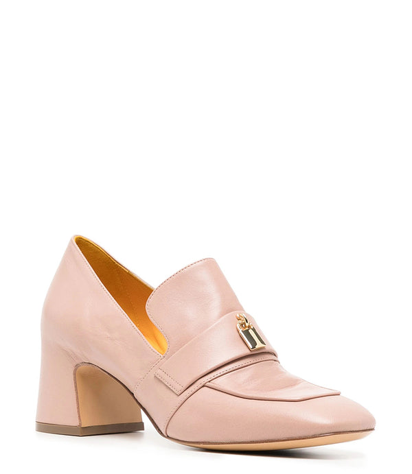 A leather loafer with a block heel, square toe, and a small metal lock detail centered on the upper strap. Designed by Madison in Beverly Hills and handcrafted in Italy.