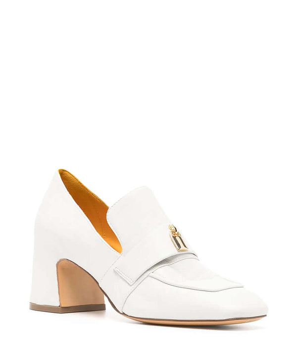 A leather loafer with a block heel, square toe, and a small metal lock detail centered on the upper strap. Designed by Madison in Beverly Hills and handcrafted in Italy.
