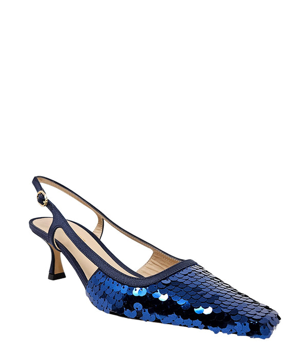 Handcrafted slingback shoe with sequin embellishments, low heel, and pointed toe design. Features an adjustable ankle strap and a textured surface for added visual interest