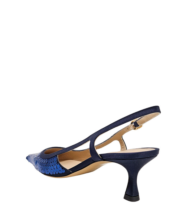 Handcrafted slingback shoe with sequin embellishments, low heel, and pointed toe design. Features an adjustable ankle strap and a textured surface for added visual interest