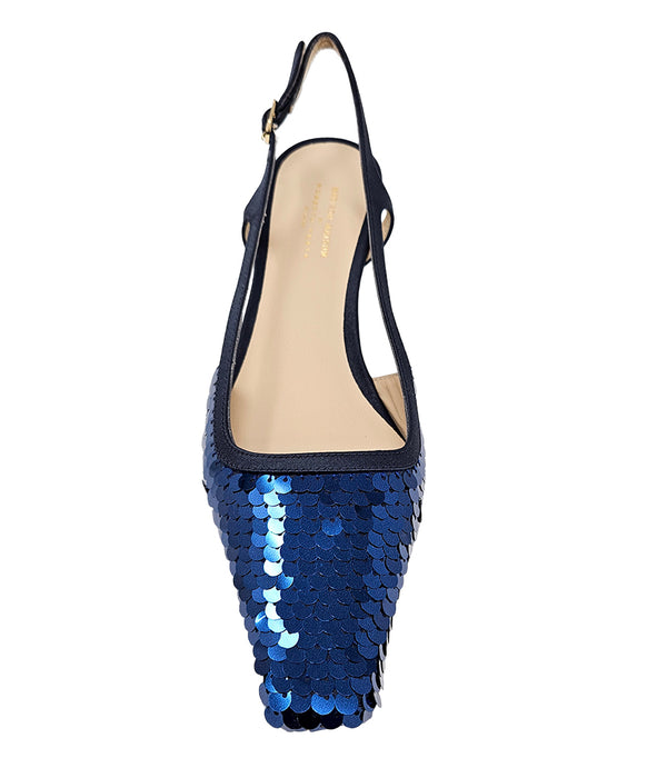 Handcrafted slingback shoe with sequin embellishments, low heel, and pointed toe design. Features an adjustable ankle strap and a textured surface for added visual interest