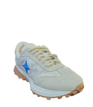 Handcrafted low-top sneaker made in Italy, featuring mixed-material construction with a star-shaped side detail, textured sole, and cushioned laces. Presented from multiple angles against a clean background.