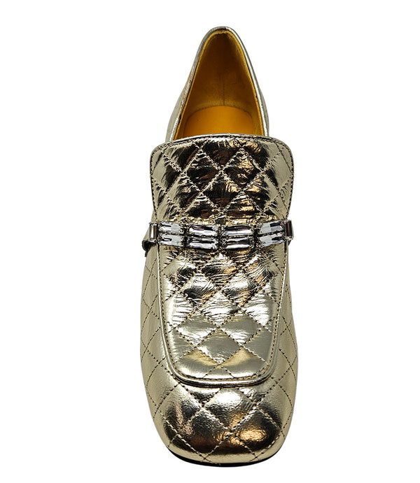 A quilted leather heeled loafer with a square toe and block heel, featuring a decorative band with rectangular gemstone-style embellishments across the upper. Designed by Madison in Beverly Hills and handcrafted in Italy