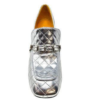 A quilted leather heeled loafer with a square toe and block heel, featuring a decorative band with rectangular gemstone-style embellishments across the upper. Designed by Madison in Beverly Hills and handcrafted in Italy