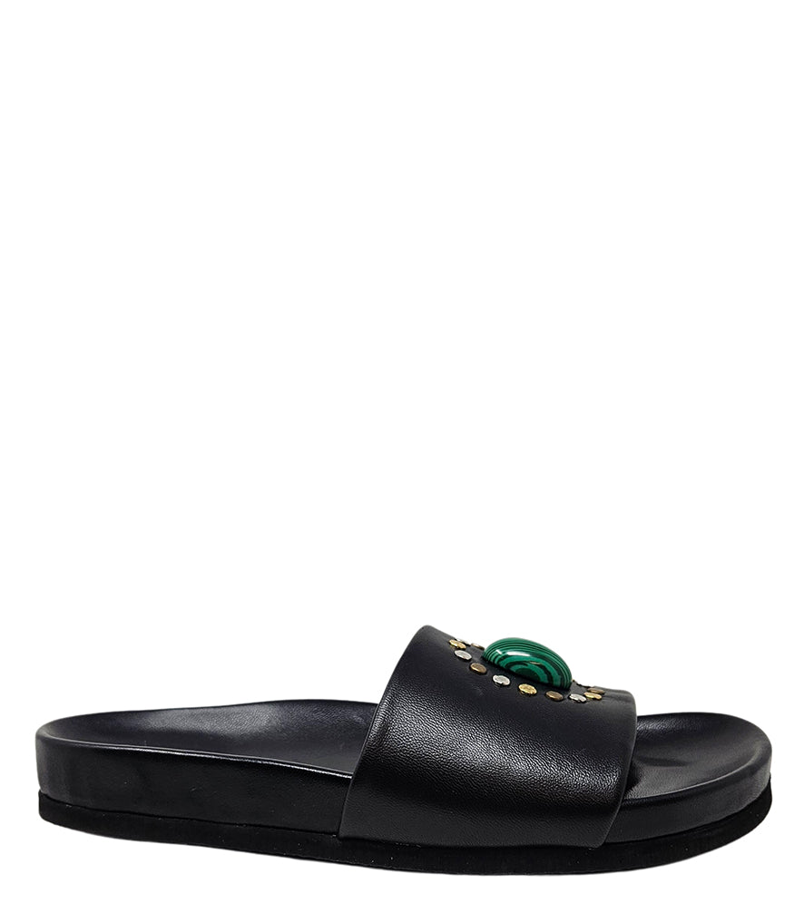 Luxury slip-on sandal handcrafted in Italy with a cushioned footbed and wide strap embellished with decorative elements. Designed by Madison Maison, photographed from multiple angles on a clean white background.