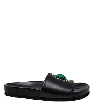 Luxury slip-on sandal handcrafted in Italy with a cushioned footbed and wide strap embellished with decorative elements. Designed by Madison Maison, photographed from multiple angles on a clean white background.