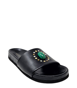 Luxury slip-on sandal handcrafted in Italy with a cushioned footbed and wide strap embellished with decorative elements. Designed by Madison Maison, photographed from multiple angles on a clean white background.