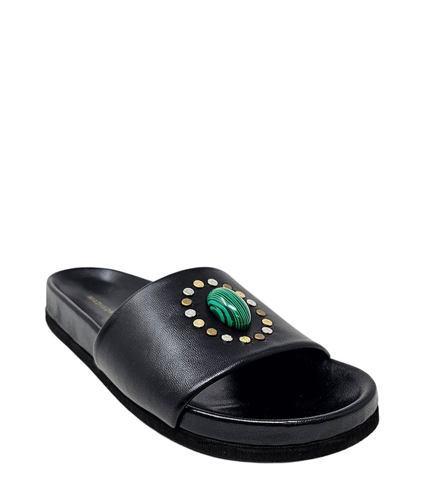 Luxury slip-on sandal handcrafted in Italy with a cushioned footbed and wide strap embellished with decorative elements. Designed by Madison Maison, photographed from multiple angles on a clean white background.