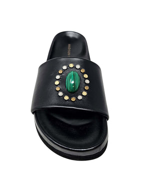 Luxury slip-on sandal handcrafted in Italy with a cushioned footbed and wide strap embellished with decorative elements. Designed by Madison Maison, photographed from multiple angles on a clean white background.