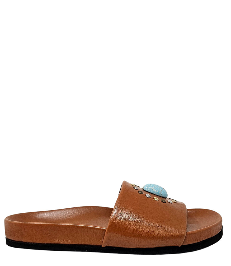 Luxury slip-on sandal handcrafted in Italy with a cushioned footbed and wide strap embellished with decorative elements. Designed by Madison Maison, photographed from multiple angles on a clean white background.