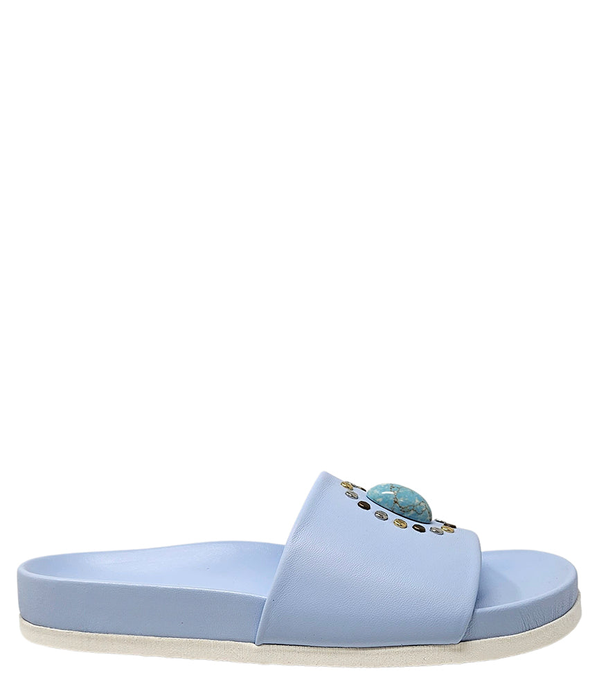 Luxury slip-on sandal handcrafted in Italy with a cushioned footbed and wide strap embellished with decorative elements. Designed by Madison Maison, photographed from multiple angles on a clean white background.
